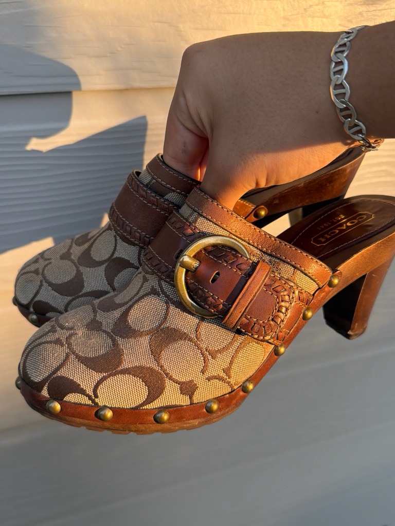 Coach Brown Signature Canvas Buckle Clog Heels